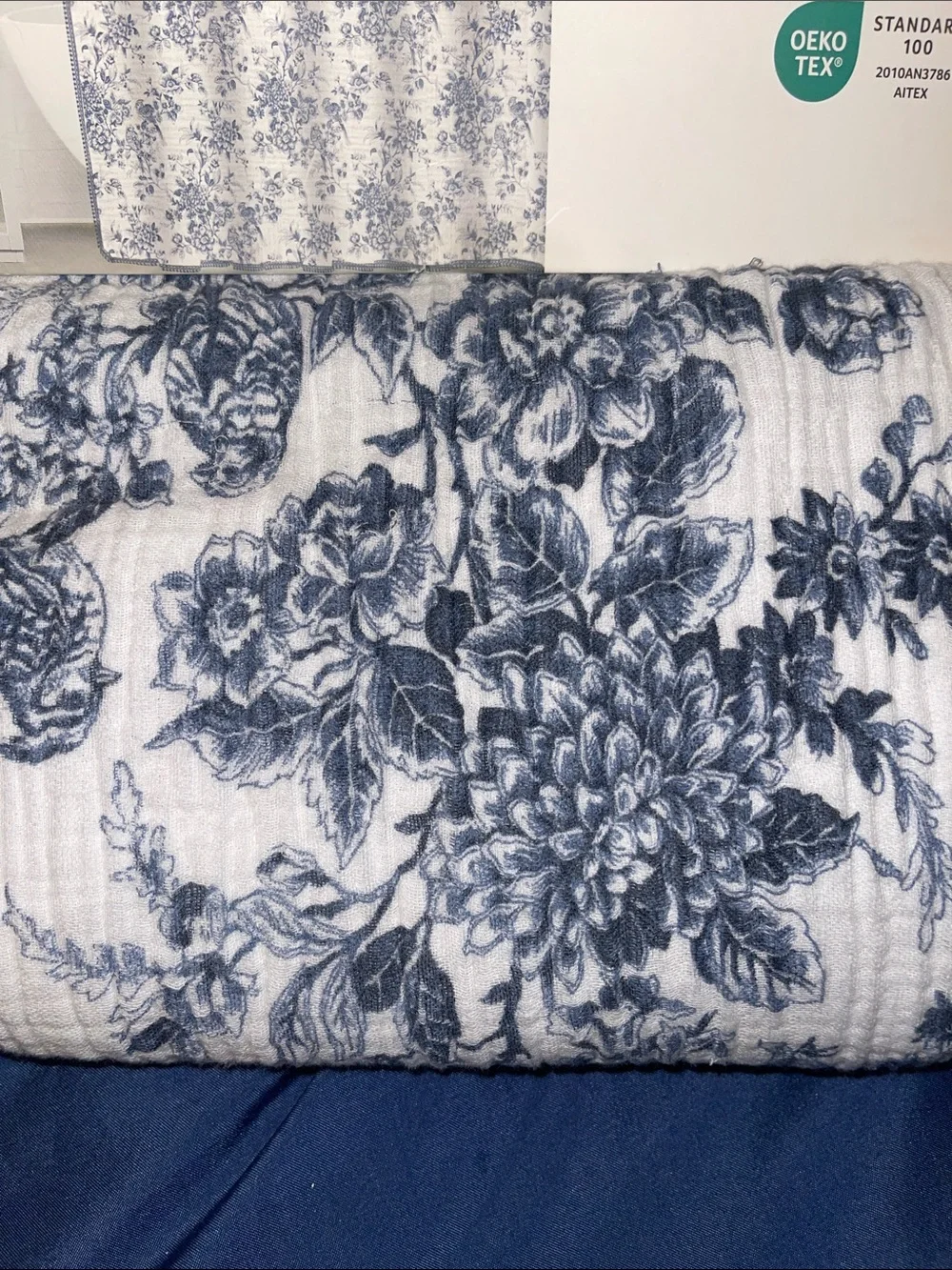 Dreamy Cotton Gauze Shower Curtain - White with Blue Floral & Bird Motif
